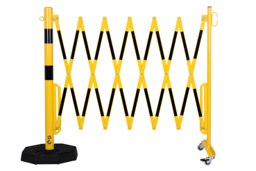 Scherengitter-3,6-m-gelb-schwarz-Rollenfüßen-mobiler-Fußplatte